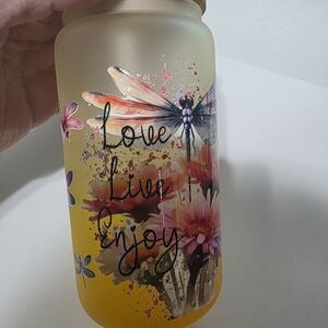 Floral Dragonfly Art Glass Tumbler